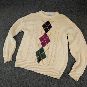 WinterSilks Mens Sweater‎ XL Silk Cotton Cream Argyle Cable Knit Vintage Relaxed
